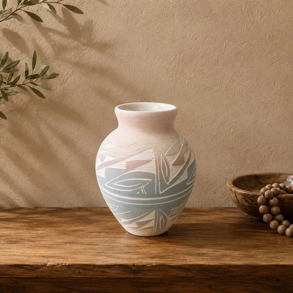 Handmade Pottery Teal White Ombre Sgraffito Southwestern Bud Vase Clay Signed